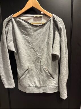See By Chloe Off-the-Shoulder Gray Zip-Accent Sweater kangaroo pockets size 8